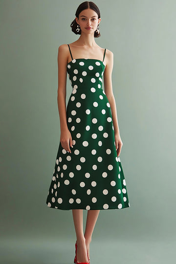 En linje Spaghetti Stropper Grønn Hvit Polka Dots Kjole